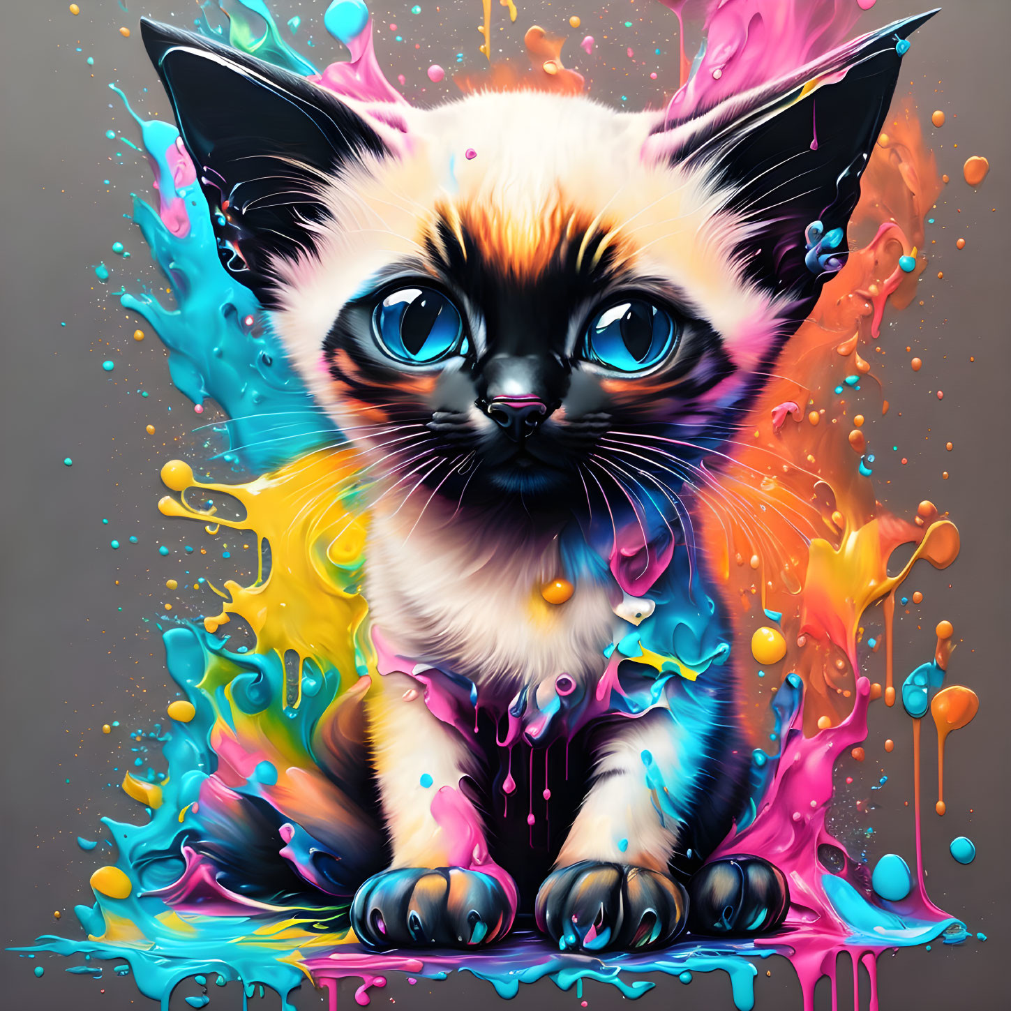 Colorful Illustration: Kitten with Expressive Eyes and Paint Splashes