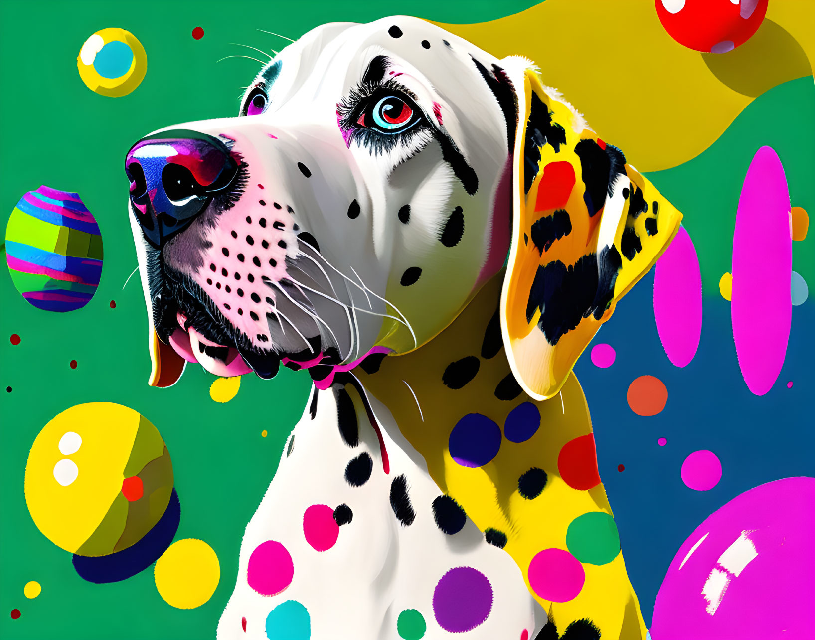 Colorful Dalmatian digital art with psychedelic background