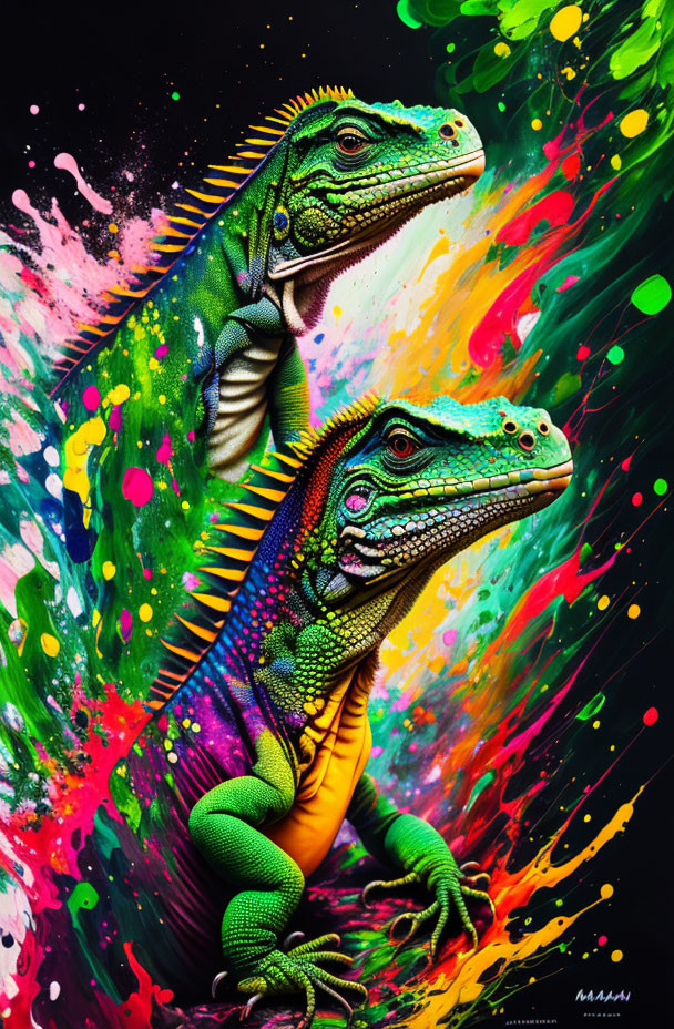 Vibrant splatter-paint background with colorful iguanas