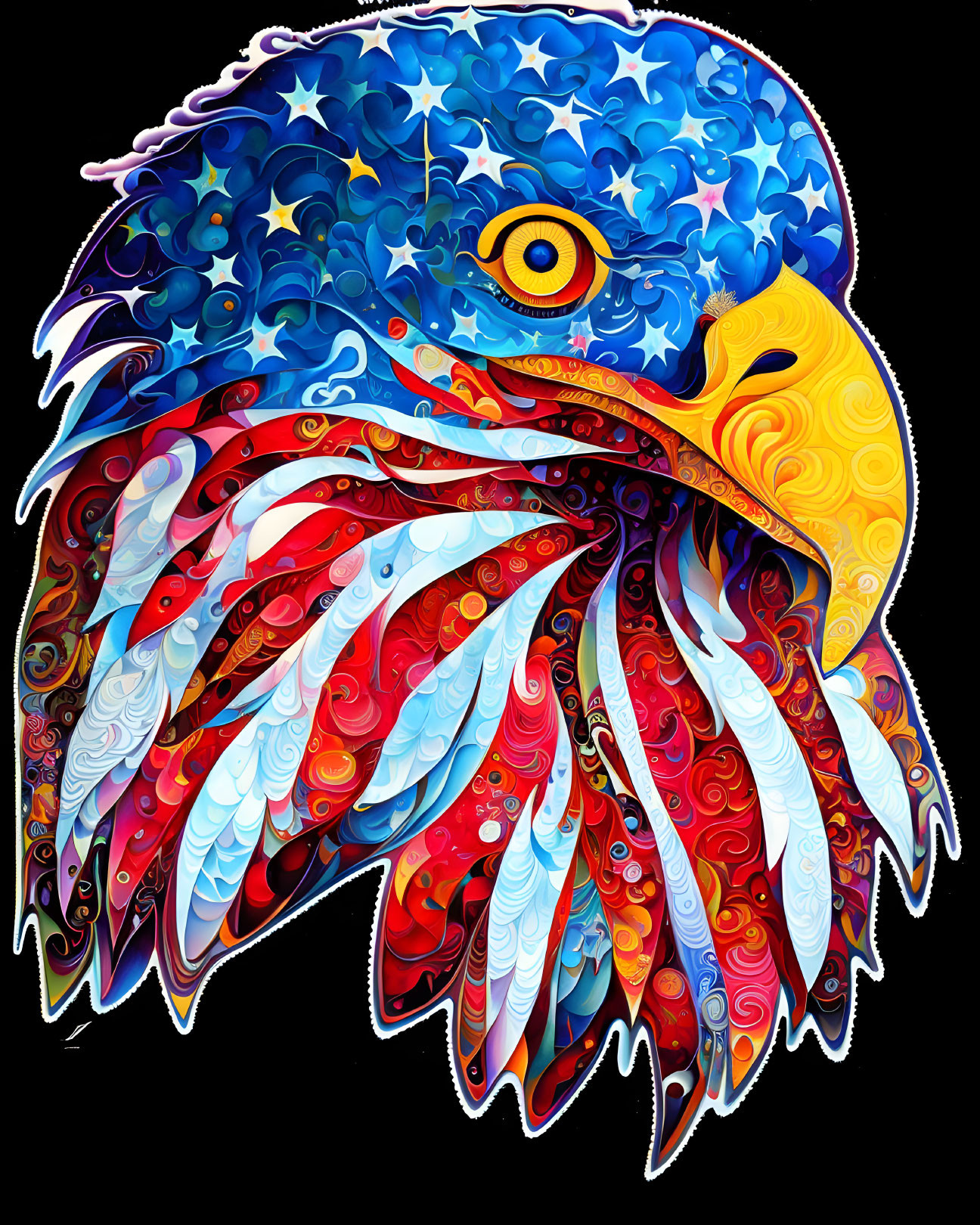 Vibrant eagle head illustration with intricate patterns in blue, red, and yellow.