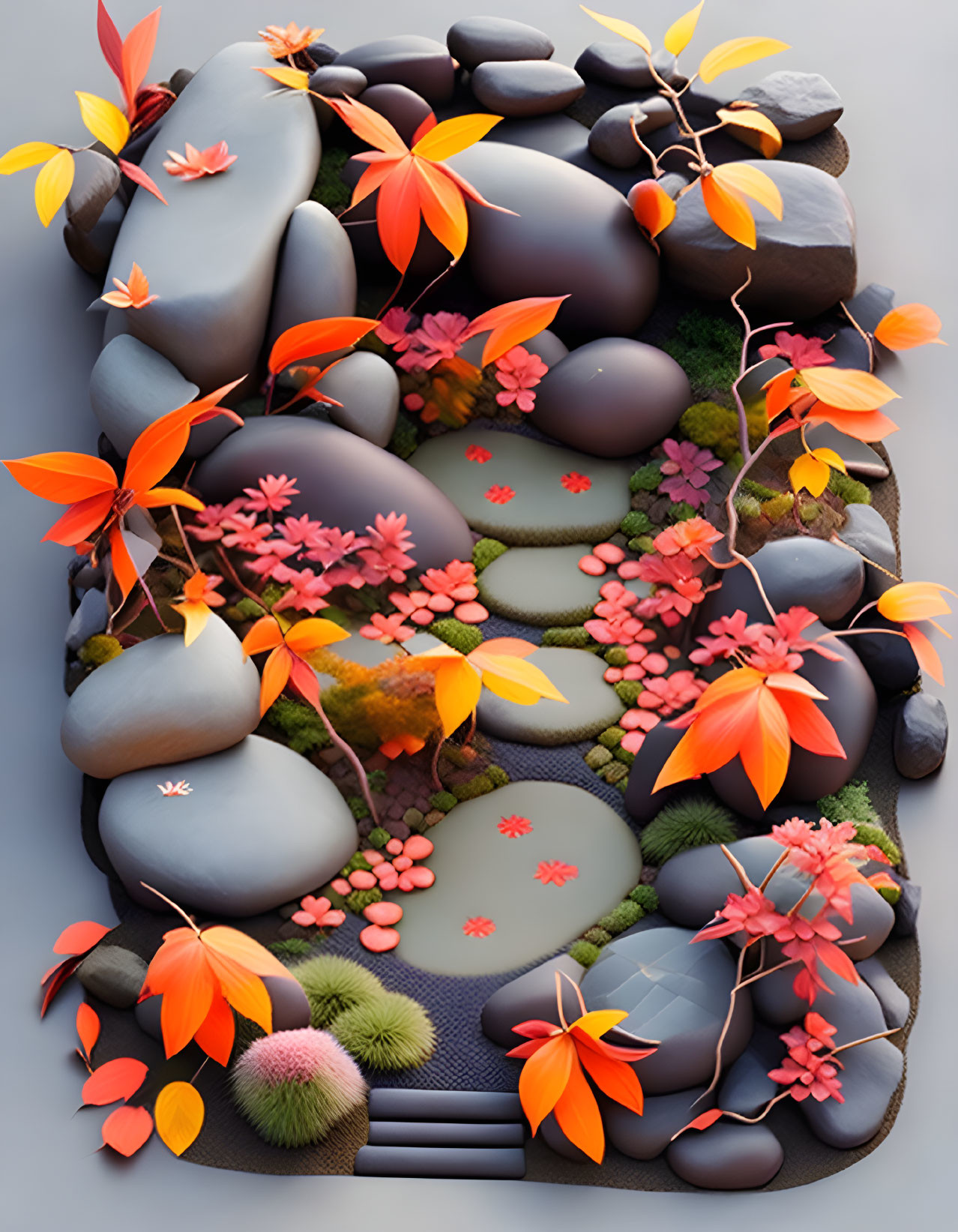 Vibrant autumnal scene with rocks, leaves, moss, and plants