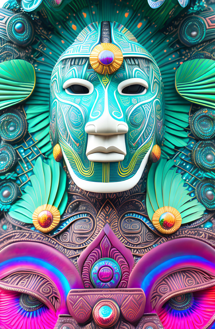 Colorful Detailed Mask with Feathers and Floral Patterns