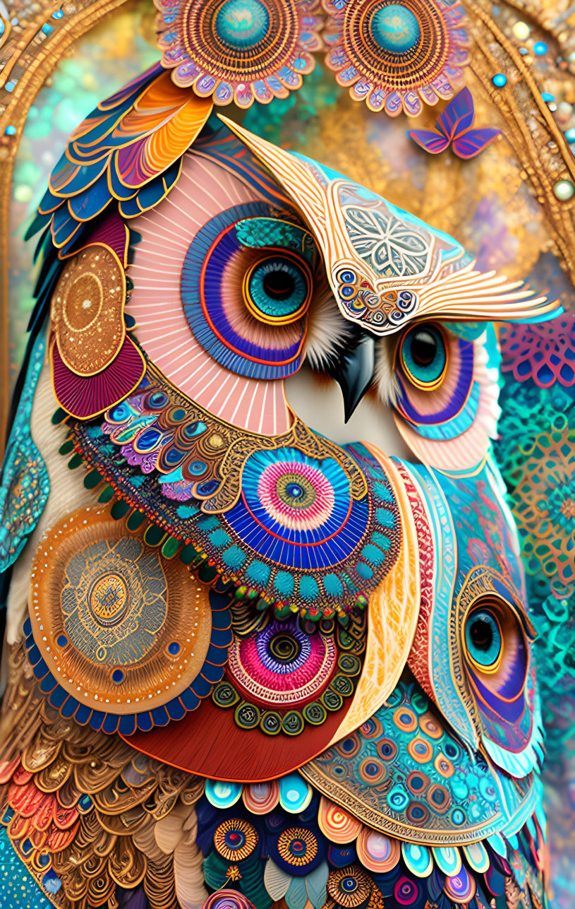 Vibrant owl digital art with intricate geometric patterns