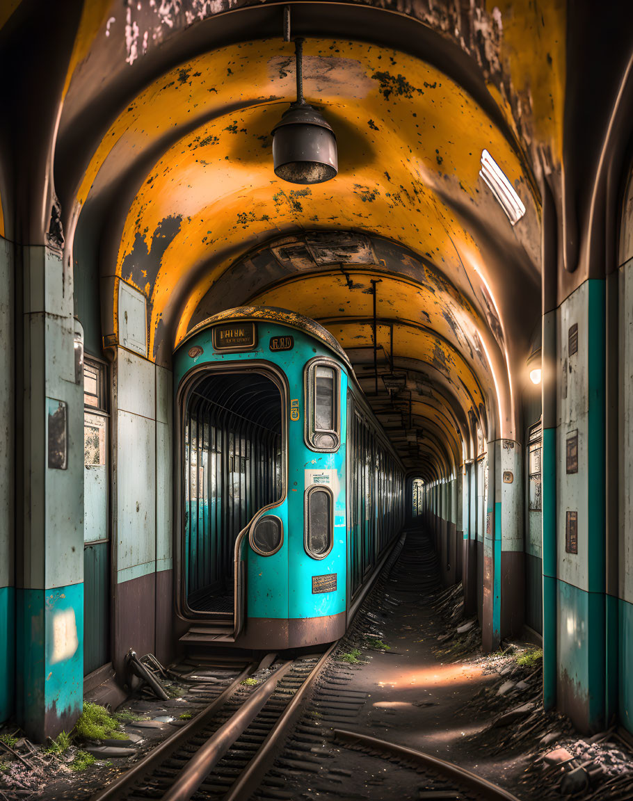 Abandoned turquoise train car in dimly lit tunnel with peeling yellow paint