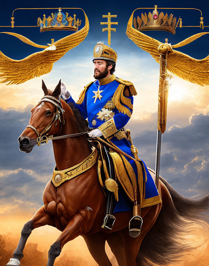 Elaborate royal regalia man on horse with golden epaulettes and crowns in blue