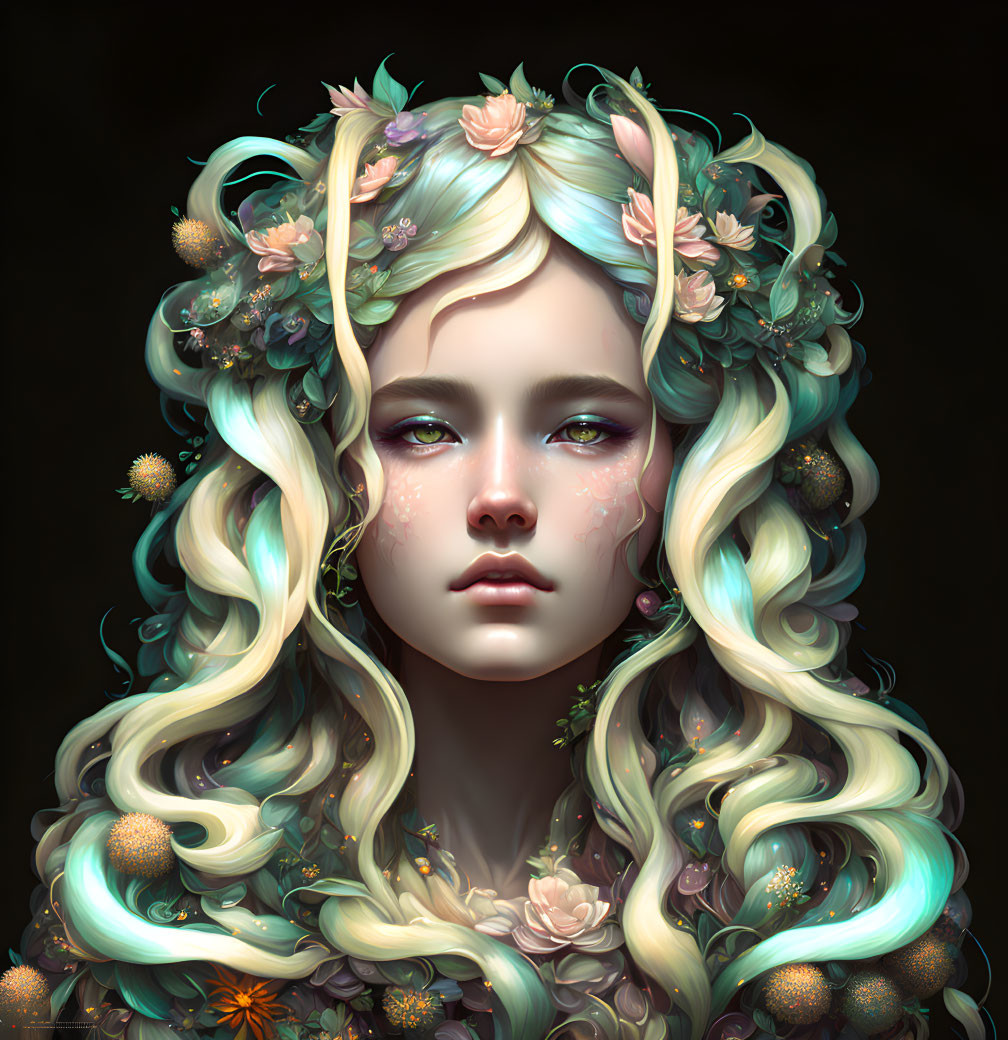 Fantasy portrait of woman with floral and faun-like elements