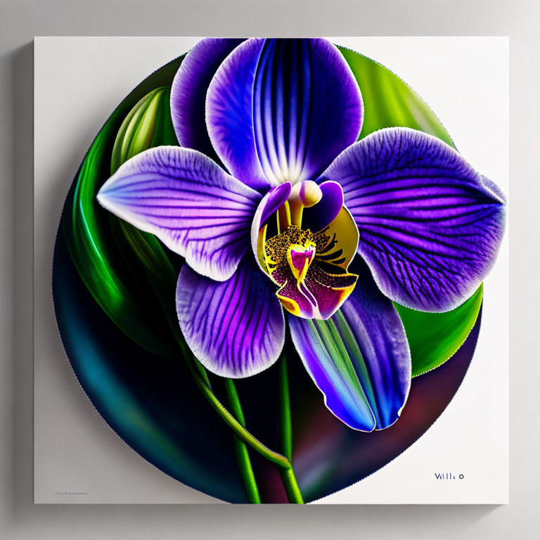 Purple Orchid with Yellow Center on Swirling Green and Blue Background Wall Art