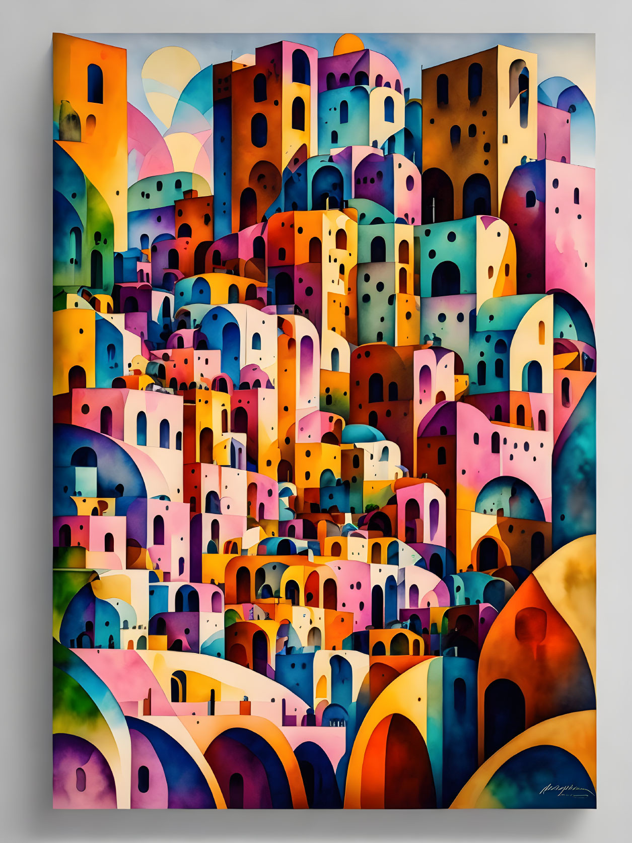 Vibrant painting of clustered hillside town with rounded buildings in blue, orange, and pink hues