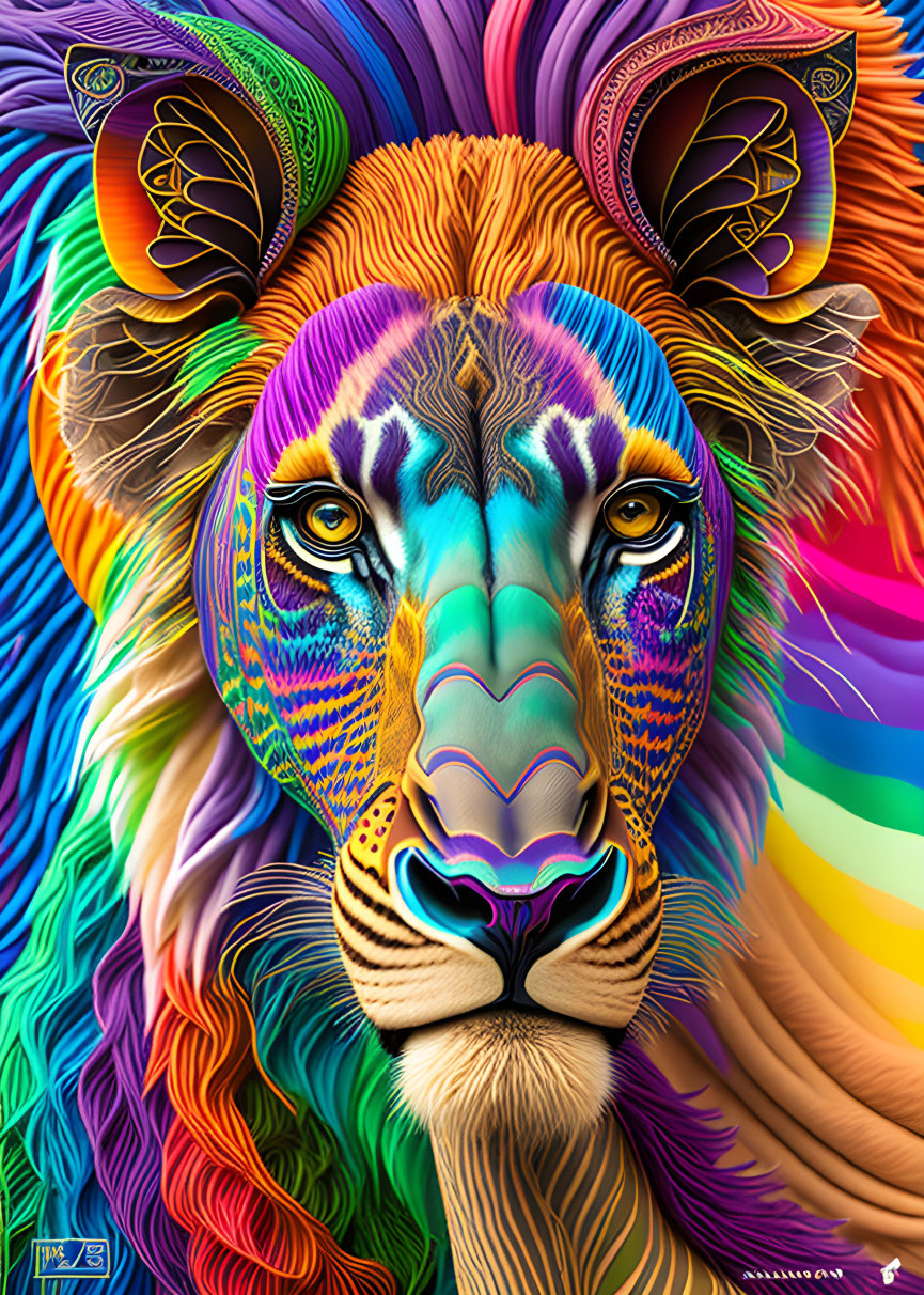 Colorful Digital Artwork: Lion with Rainbow Hues and Intricate Patterns