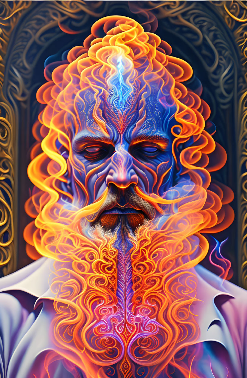 Vibrant digital artwork of man with beard and swirling patterns