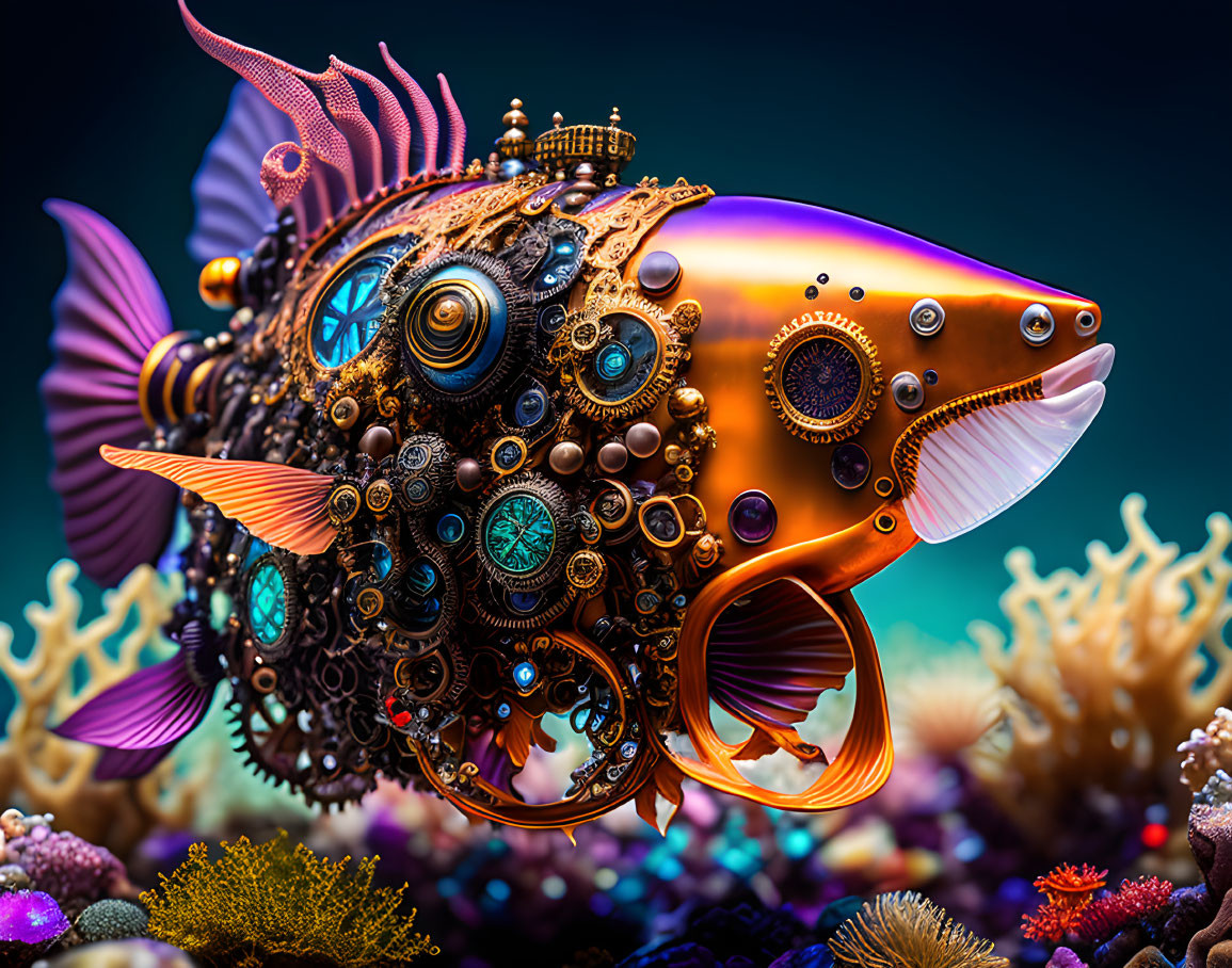 Colorful Steampunk Mechanical Fish Surrounded by Coral