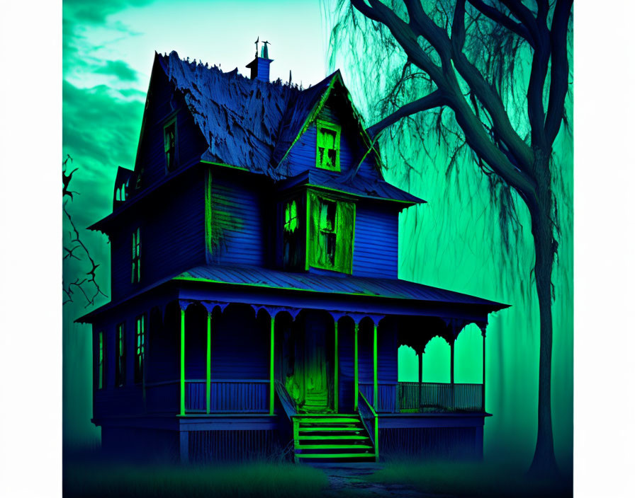 Eerie two-story blue house at night with dark trees and green glow