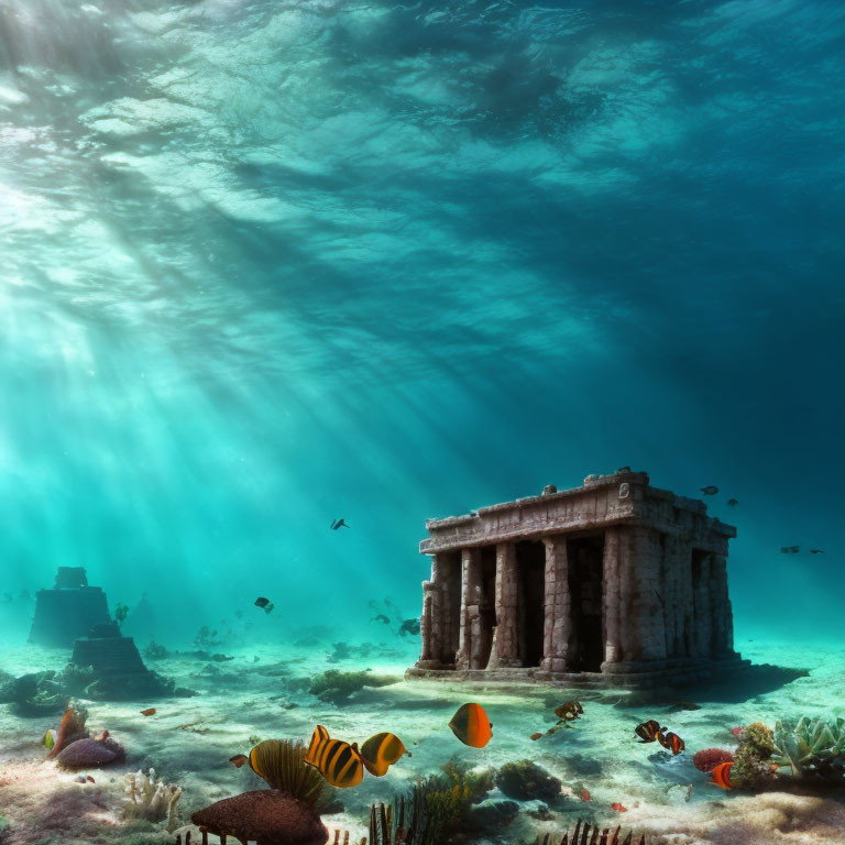 Underwater scene with sunlit ancient temple ruin and colorful marine life