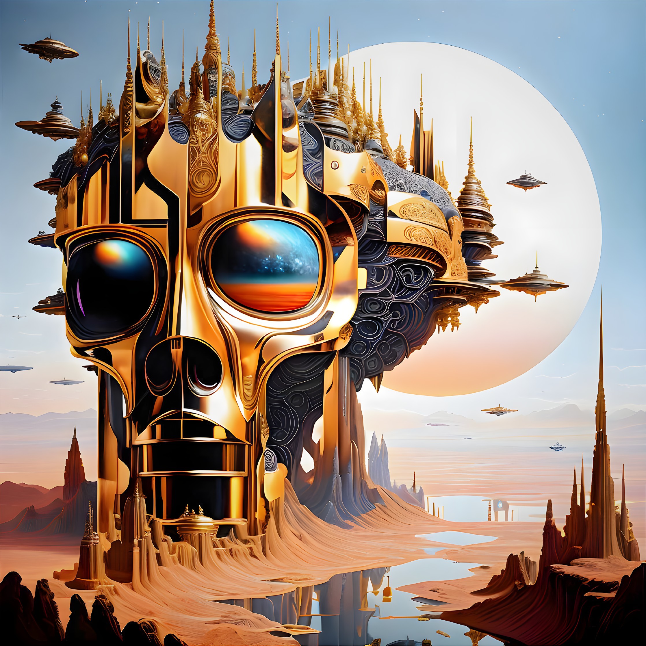 Surreal robotic face with ancient architecture and hovering ships on orange sky