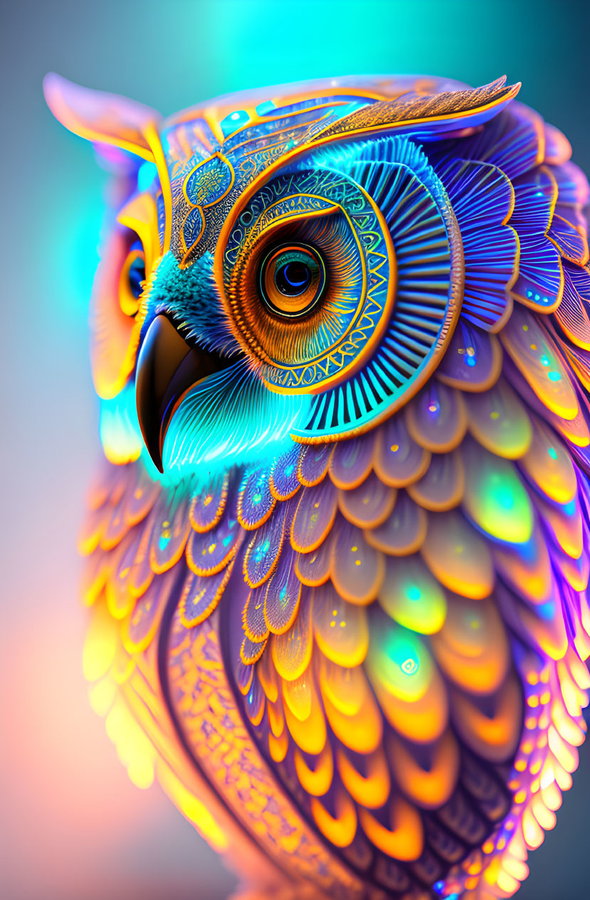 Colorful Owl Artwork with Neon Patterns on Gradient Background