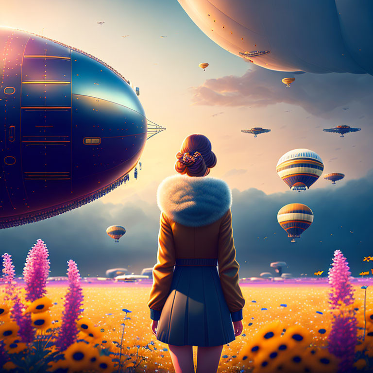 Woman admires airships and balloons in sky over vibrant flower field at dusk