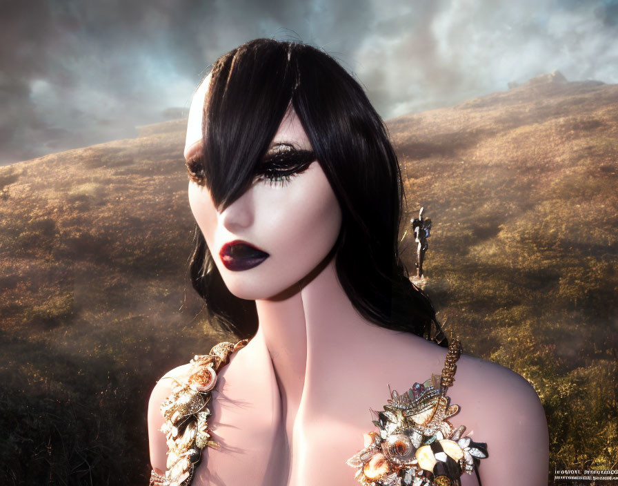 Surreal woman with dramatic makeup and jewelry in cloudy sky and golden field