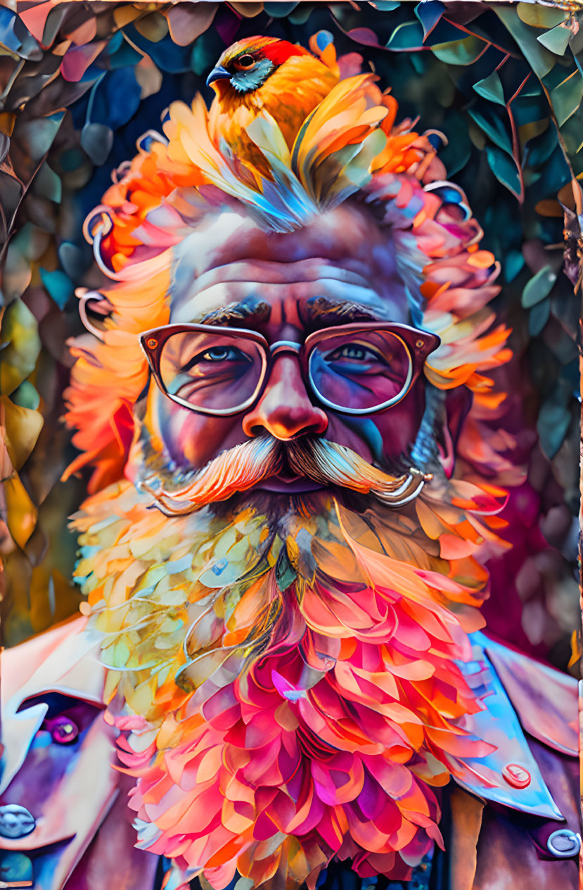 Colorful portrait of person with flower-like beard, orange and yellow hues, glasses, stylish jacket,