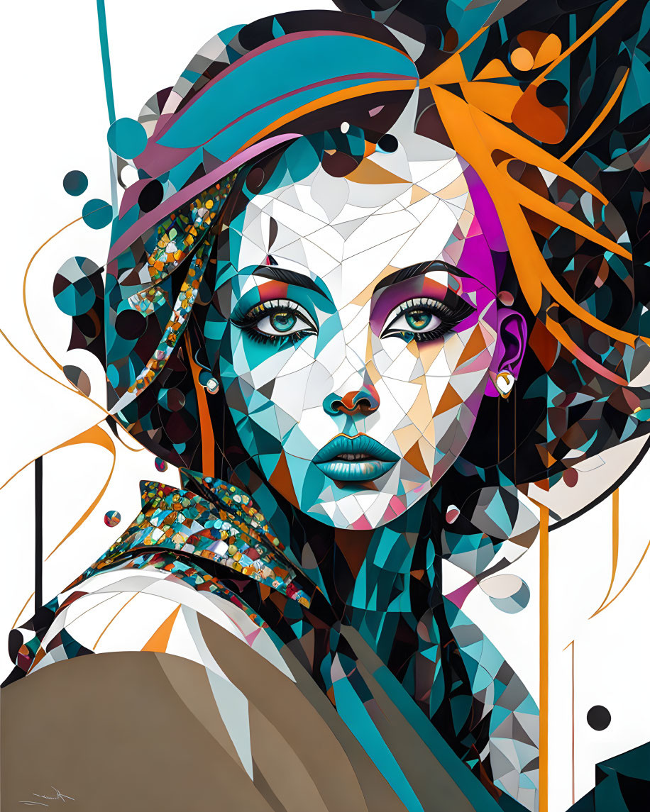 Vibrant geometric abstract portrait of a woman with blue eyes and stylized hair.