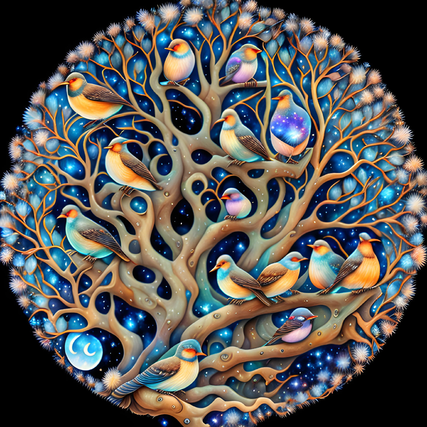 Circular Artwork: Tree Globe with Colorful Birds & Celestial Elements