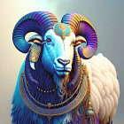 Colorful digital artwork: Intricate ram's head with feather-like textures