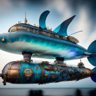 Steampunk-style submarine with fish fin sails on calm sea.