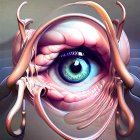 Detailed surreal eye surrounded by fleshy structures and cat-like creatures