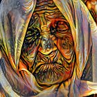 Vibrant painting of elderly person with headscarf and intricate patterns