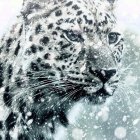 Blue-eyed lynx in snowy backdrop with falling snow and crystal formations