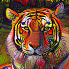 Colorful Tiger Face Illustration with Intricate Patterns and Foliage Background