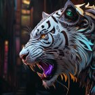 Stylized white tiger artwork with blue and purple accents in urban night scene