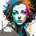 Vibrant geometric abstract portrait of a woman with blue eyes and stylized hair.