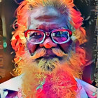 Colorful swirling flames engulfing a bearded man with stylish glasses on cool-toned backdrop