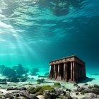 Underwater scene with sunlit ancient temple ruin and colorful marine life