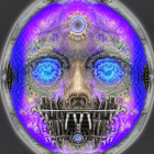 Vibrant geometric digital artwork of a woman's face in purple, blue, and orange hues