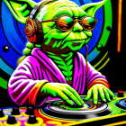 Character resembling Yoda as a DJ mixing tracks with headphones and sunglasses