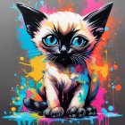 Colorful Illustration: Kitten with Expressive Eyes and Paint Splashes