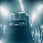 Abandoned retro design train in dimly lit subway station
