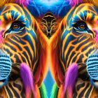 Symmetrical tiger artwork with bold colors and intricate patterns