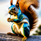 Colorful digitally modified squirrel holding nut on wooden surface