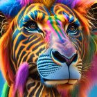Vibrant lion digital art with zebra stripes and colorful streaks
