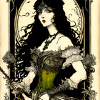 Pale-skinned queen in ornate crown and regal attire against art nouveau background