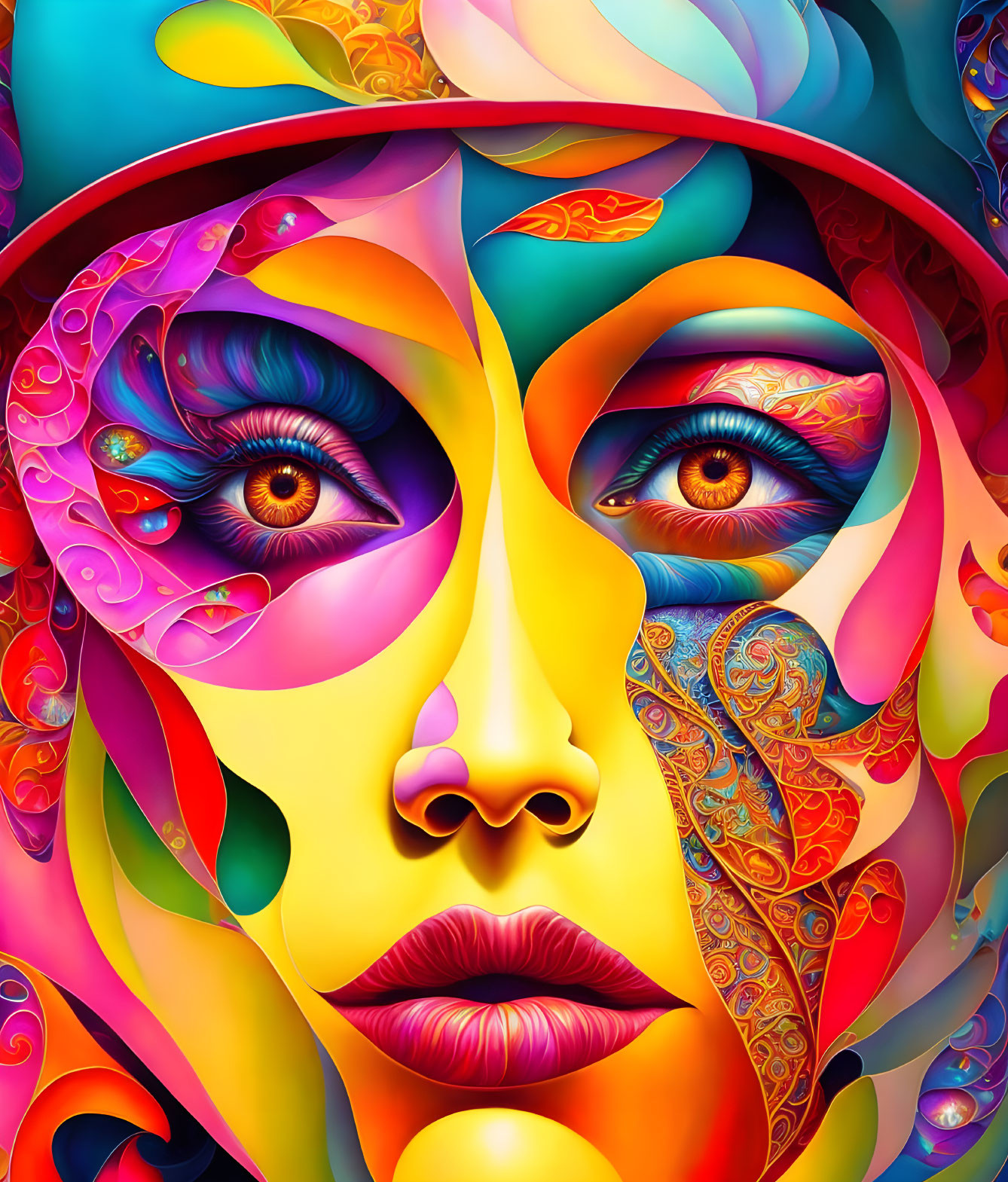 Colorful Stylized Female Face Art with Abstract & Surrealist Elements