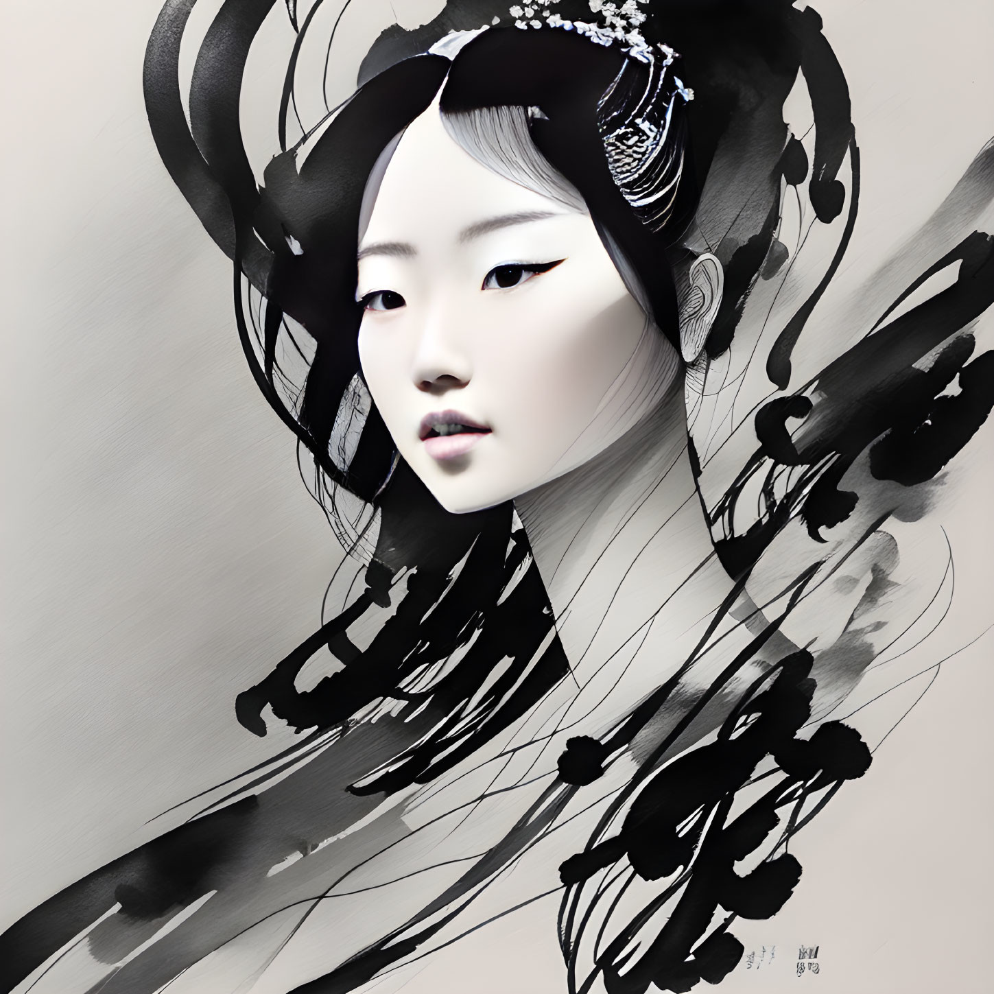 Asian woman portrait with black and white brushstroke effects and decorative hairpiece