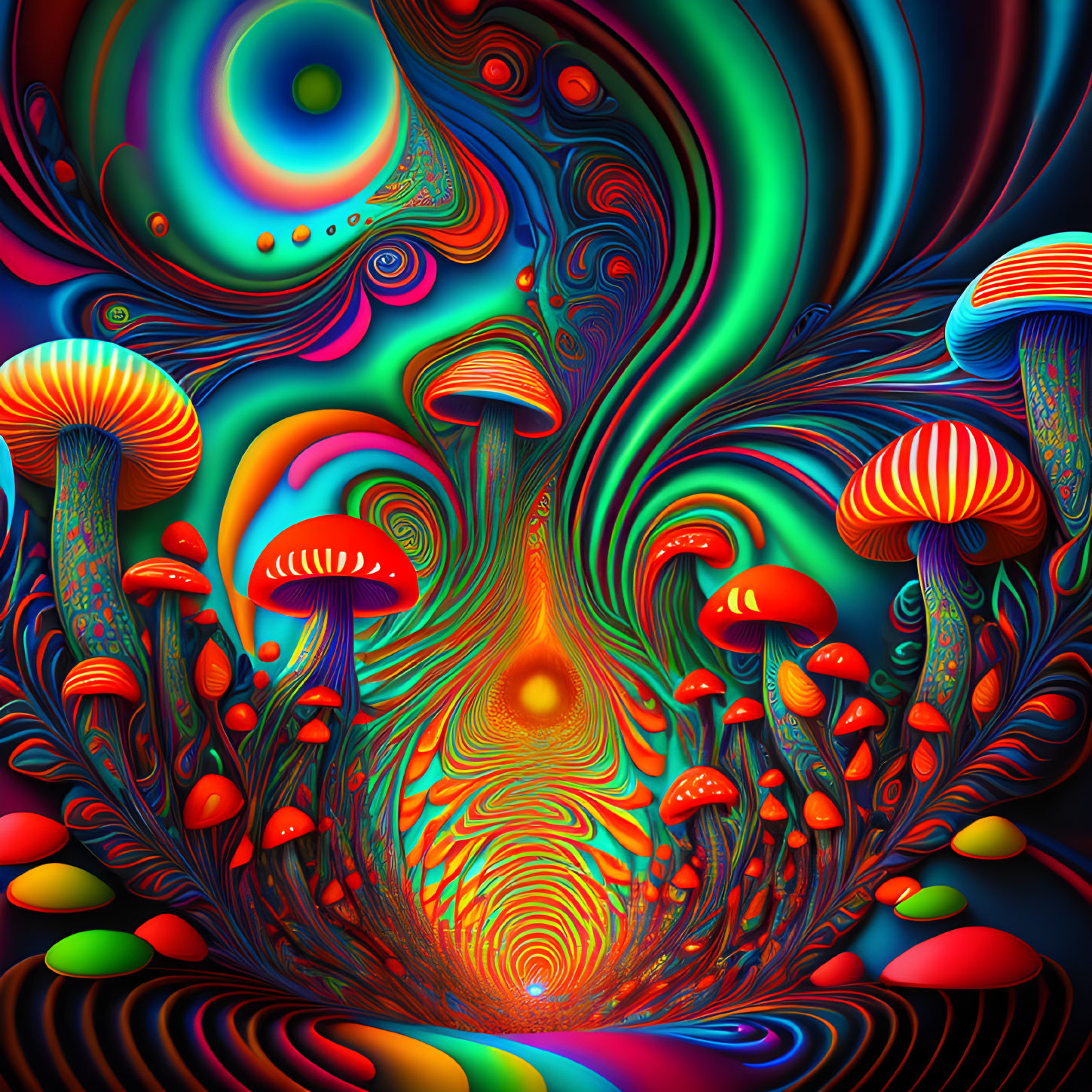 Colorful Psychedelic Artwork with Swirling Patterns and Mushrooms