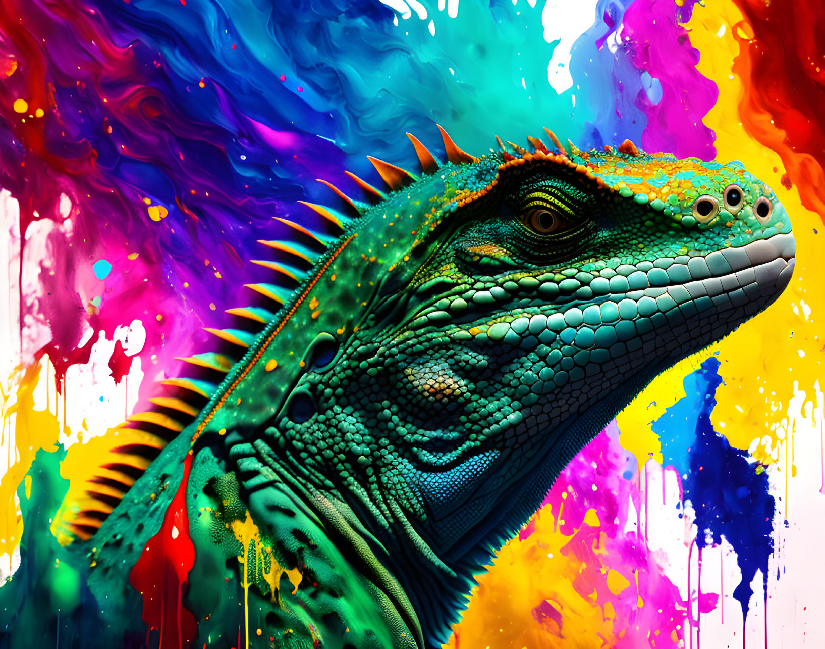 Colorful digital artwork: Detailed iguana scales on vibrant paint splatters