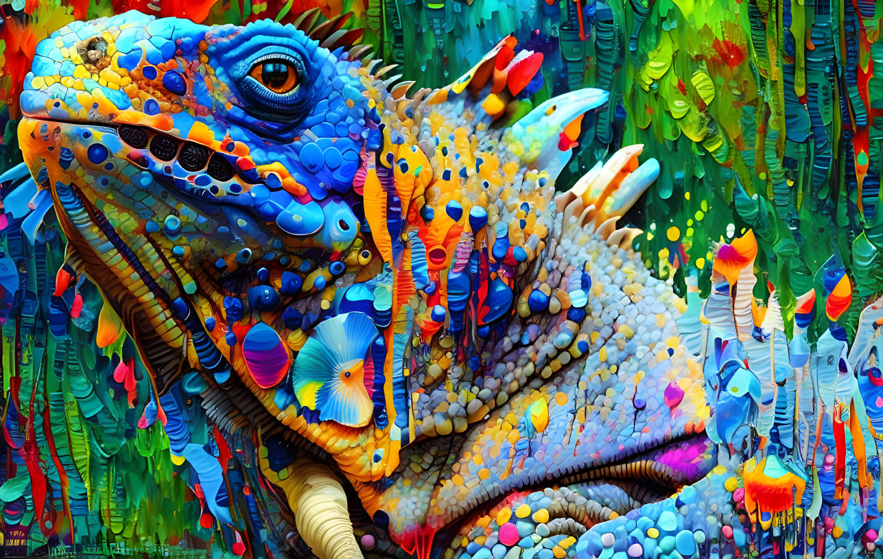 Colorful Lizard Artwork with Psychedelic Patterns in Abstract Setting