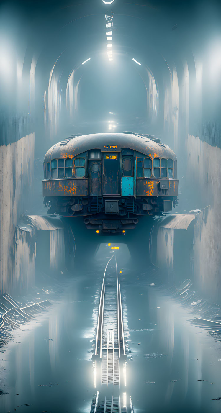 Rusty train in futuristic tunnel with reflective floors