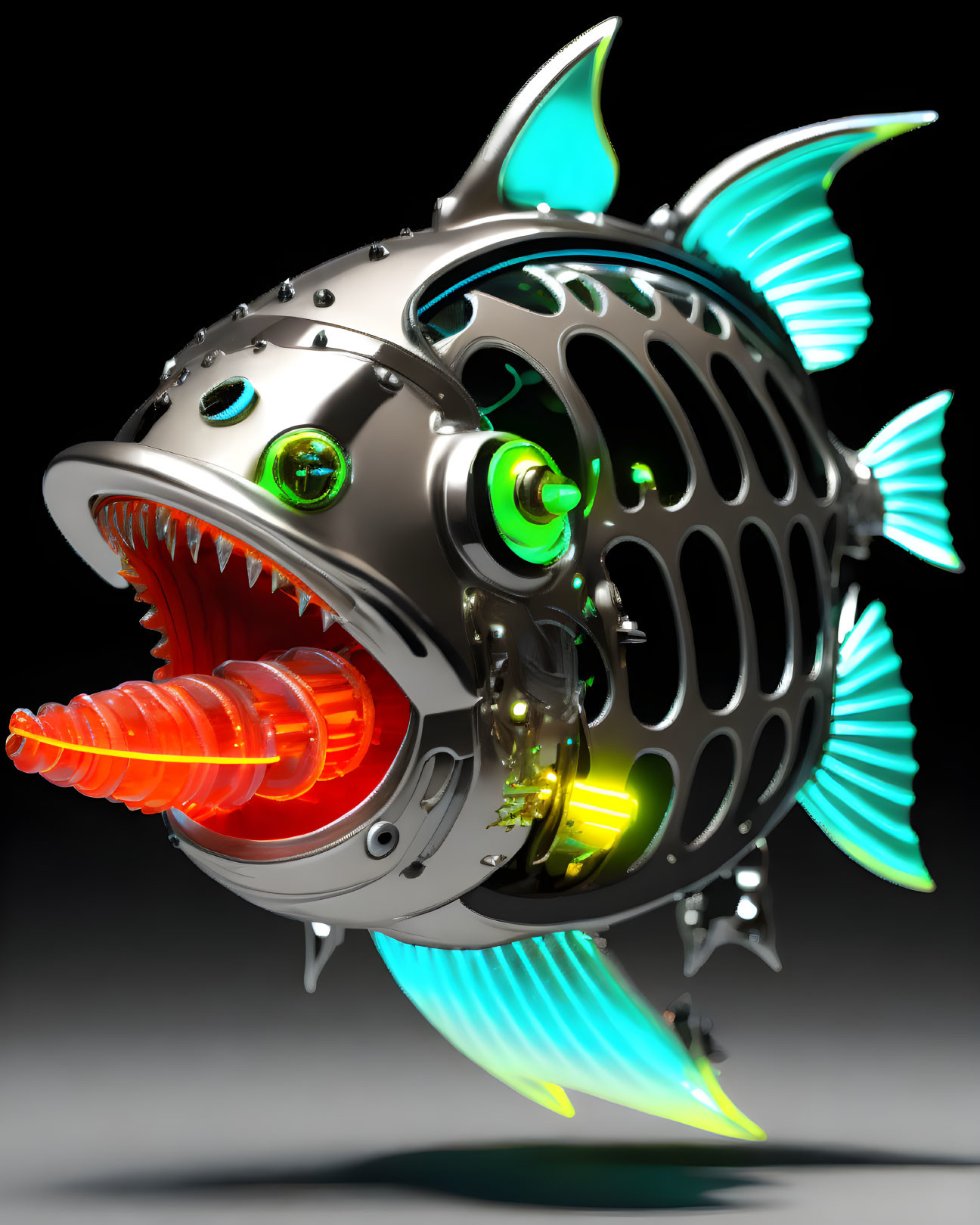 Metallic Robotic Fish with Sharp Teeth and Glowing Orange Internal Mechanisms