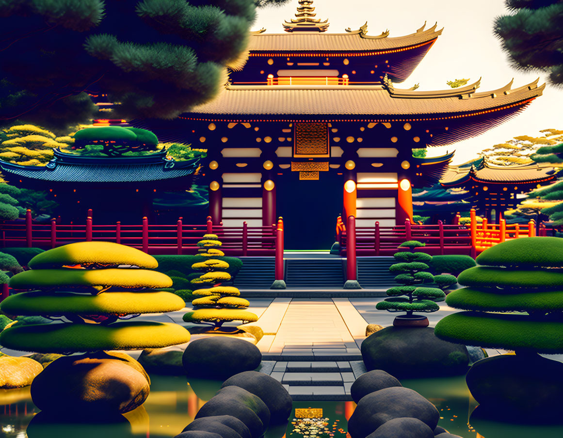 Japanese Temple with Golden Facade, Pine Trees, and Koi Pond